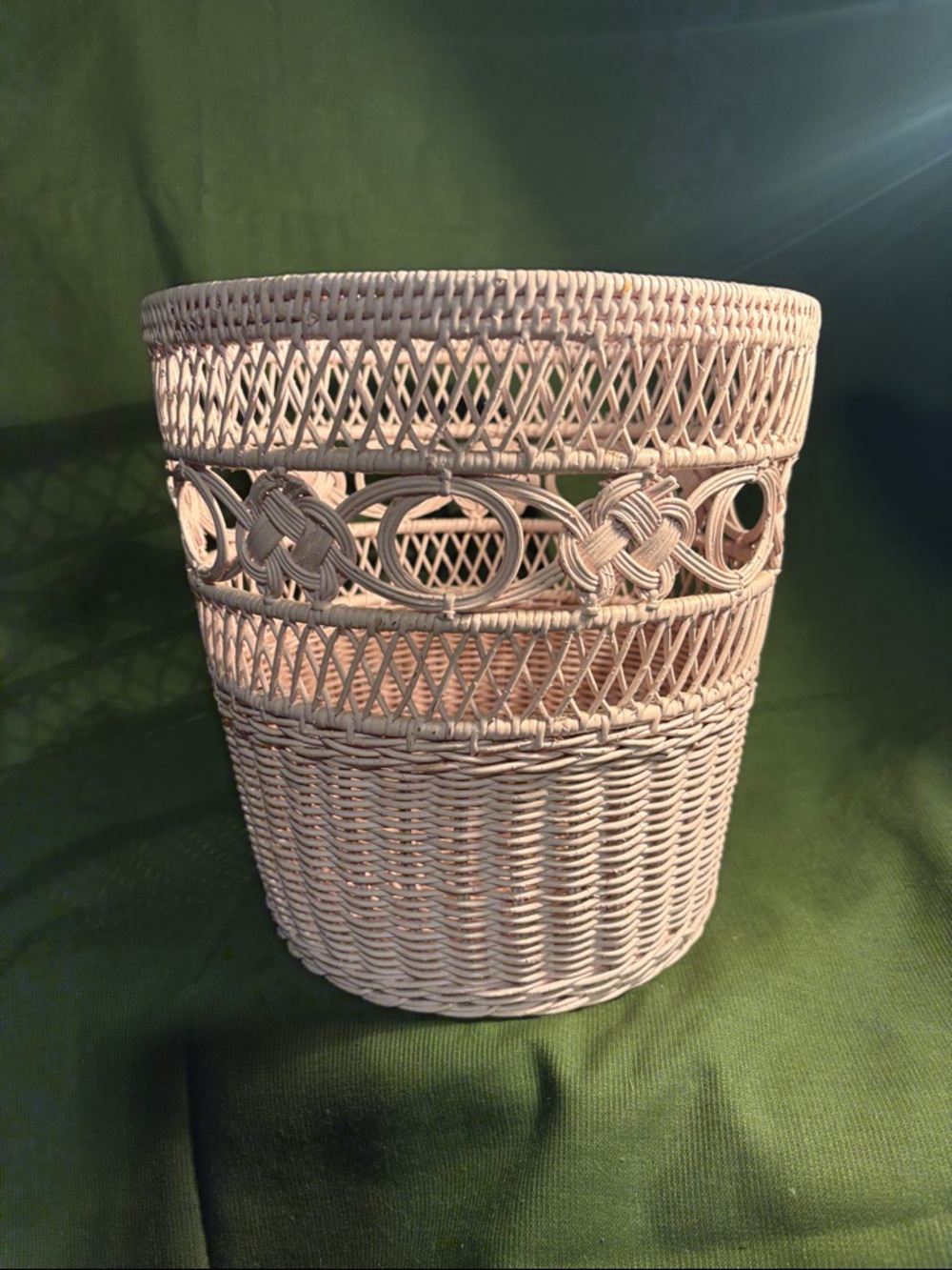 Vintage Pale Pink Wicker Waste Basket